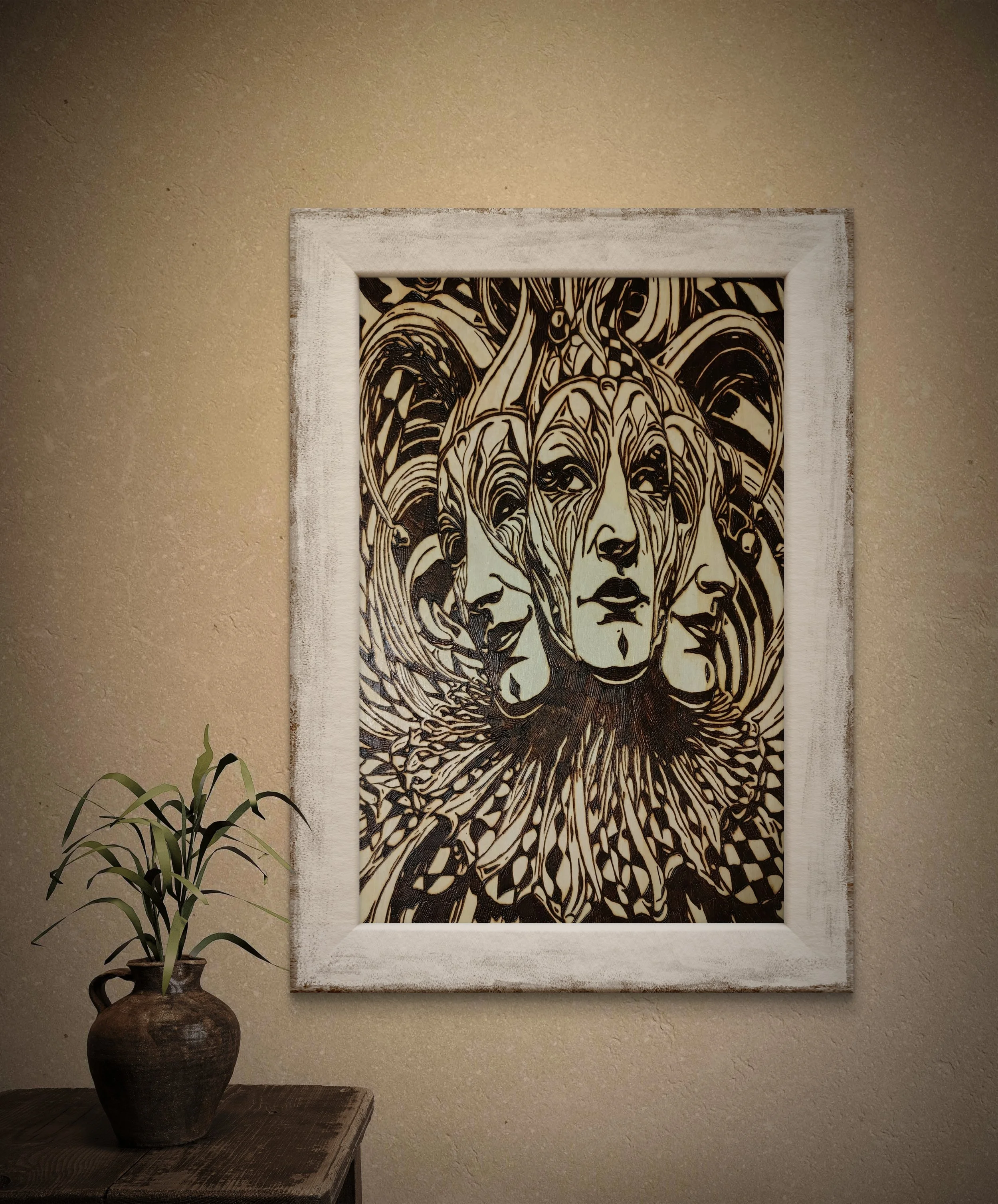 Original hand-drawn pyrography artwork framed and displayed on wall, fine art wood burning created entirely by hand