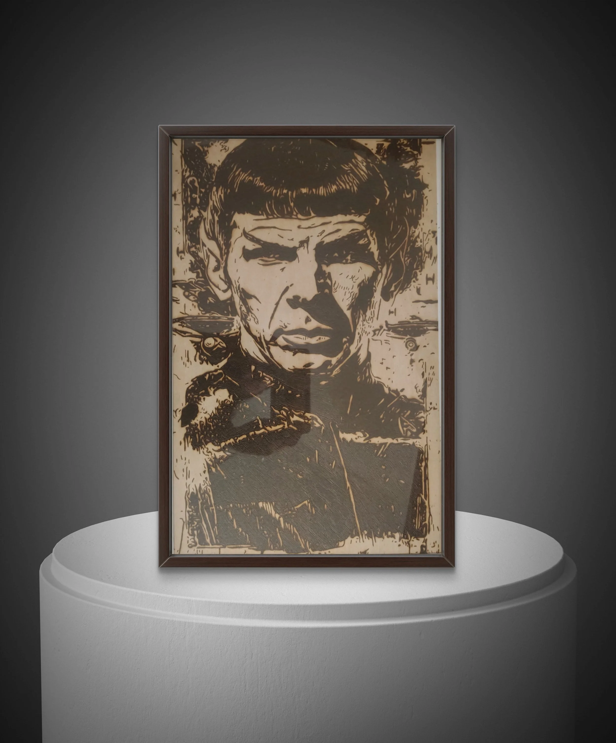 Hand-burned wood burning and pyrography wall art displayed in a modern interior setting, showcasing an original basswood portrait artwork in a framed presentation
