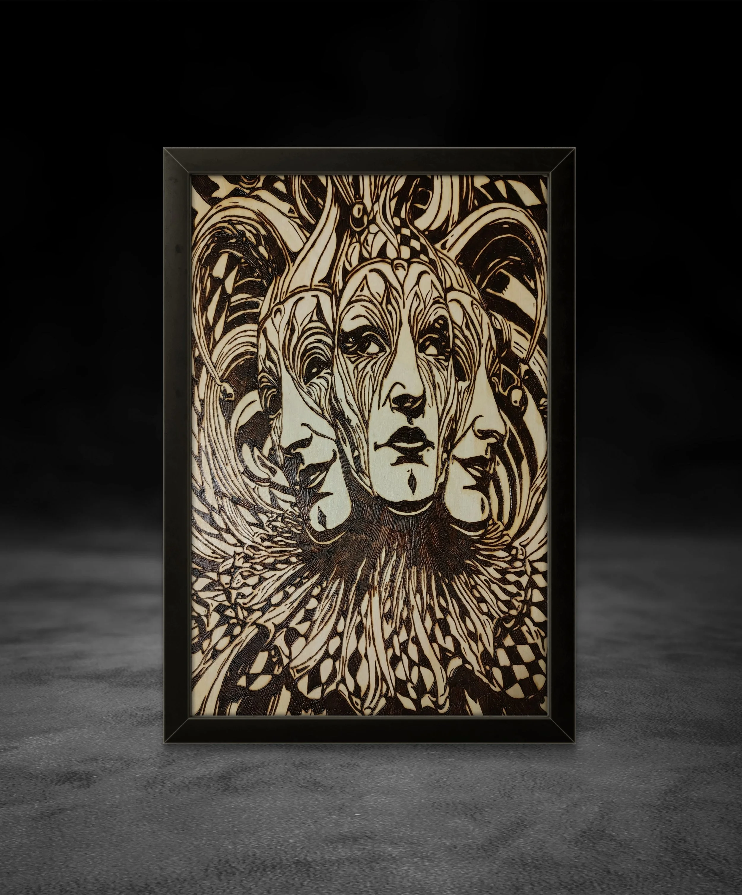 One-of-a-kind hand burned wood art featuring three interwoven faces, original freehand pyrography on basswood