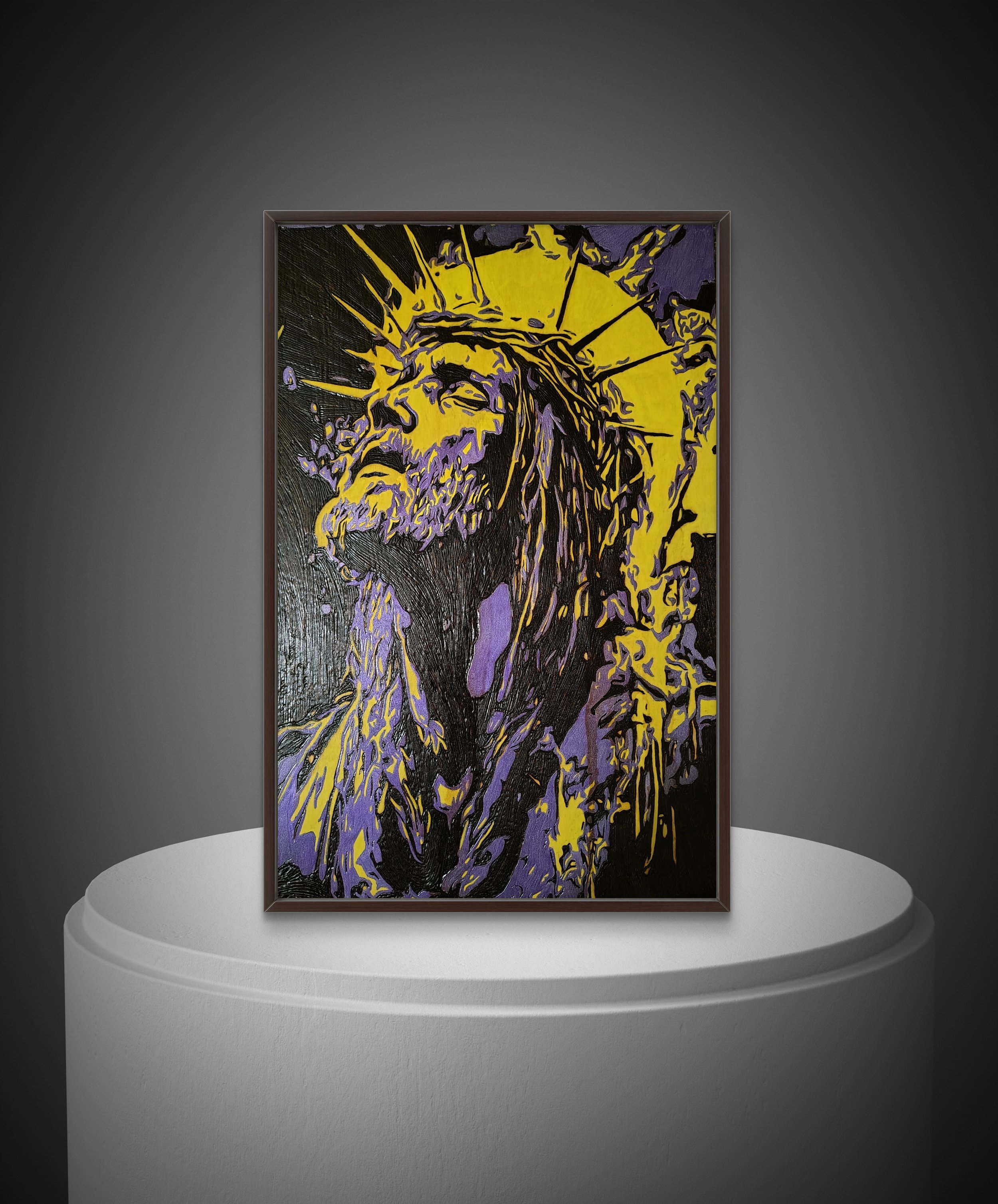 Hand-burned and hand-painted wood art depicting a crowned figure looking upward, created on basswood with bold contrast