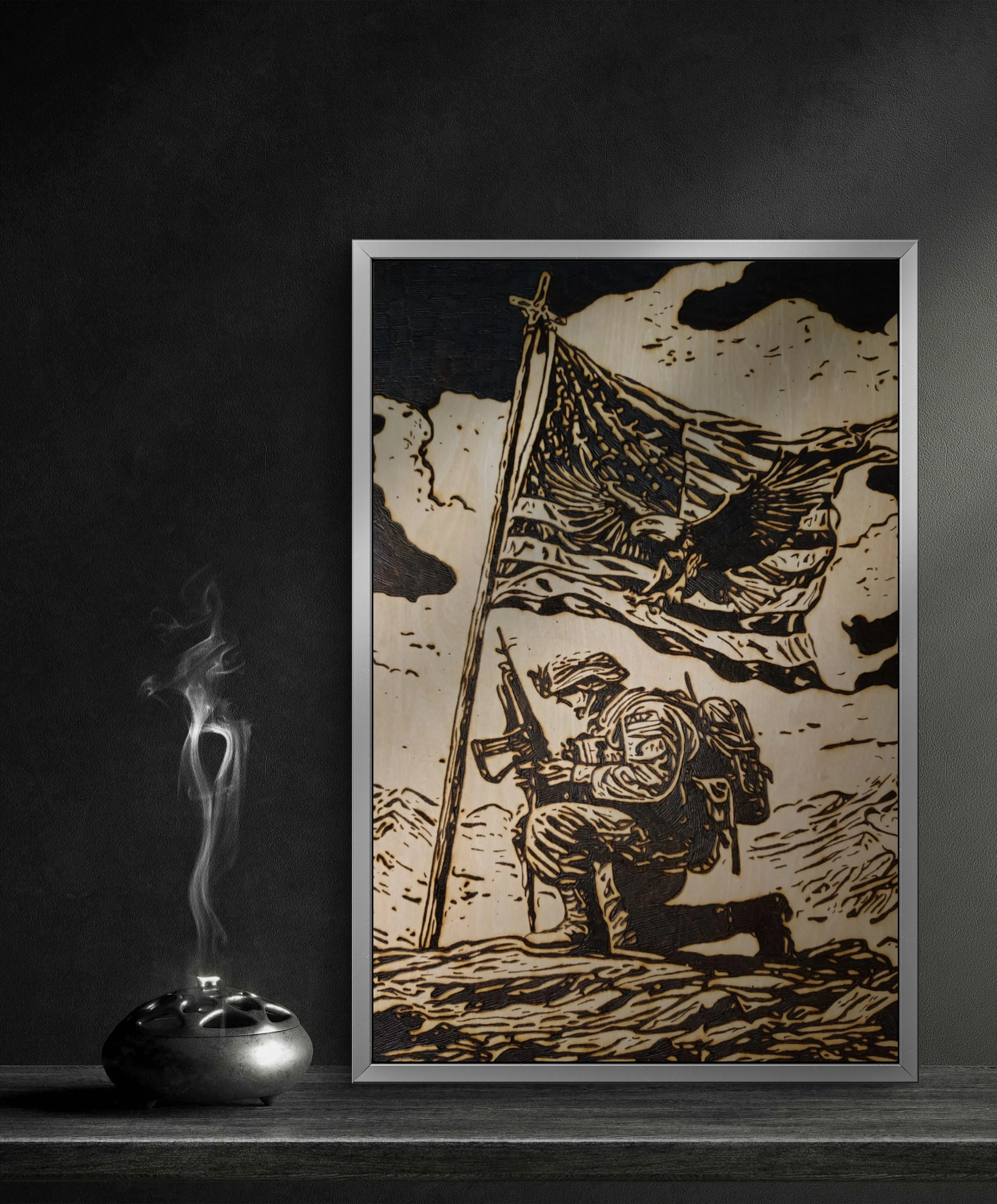 hand-burned wood art depicting a kneeling soldier with rifle and flag, original pyrography artwork burned into solid basswood