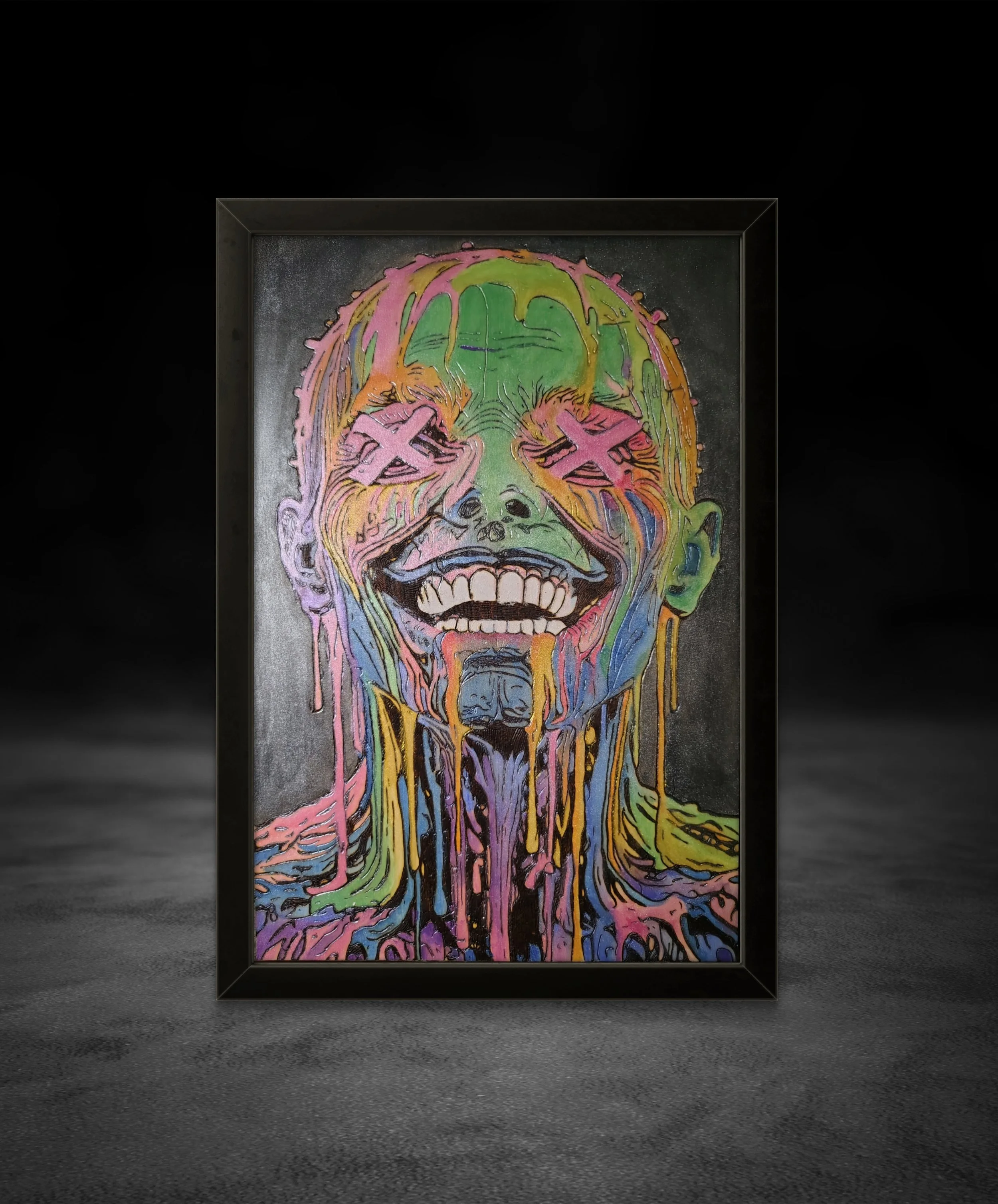 Close-up view of detailed wood-burned and painted wall art emphasizing texture, color layering, and expressive facial distortion on basswood