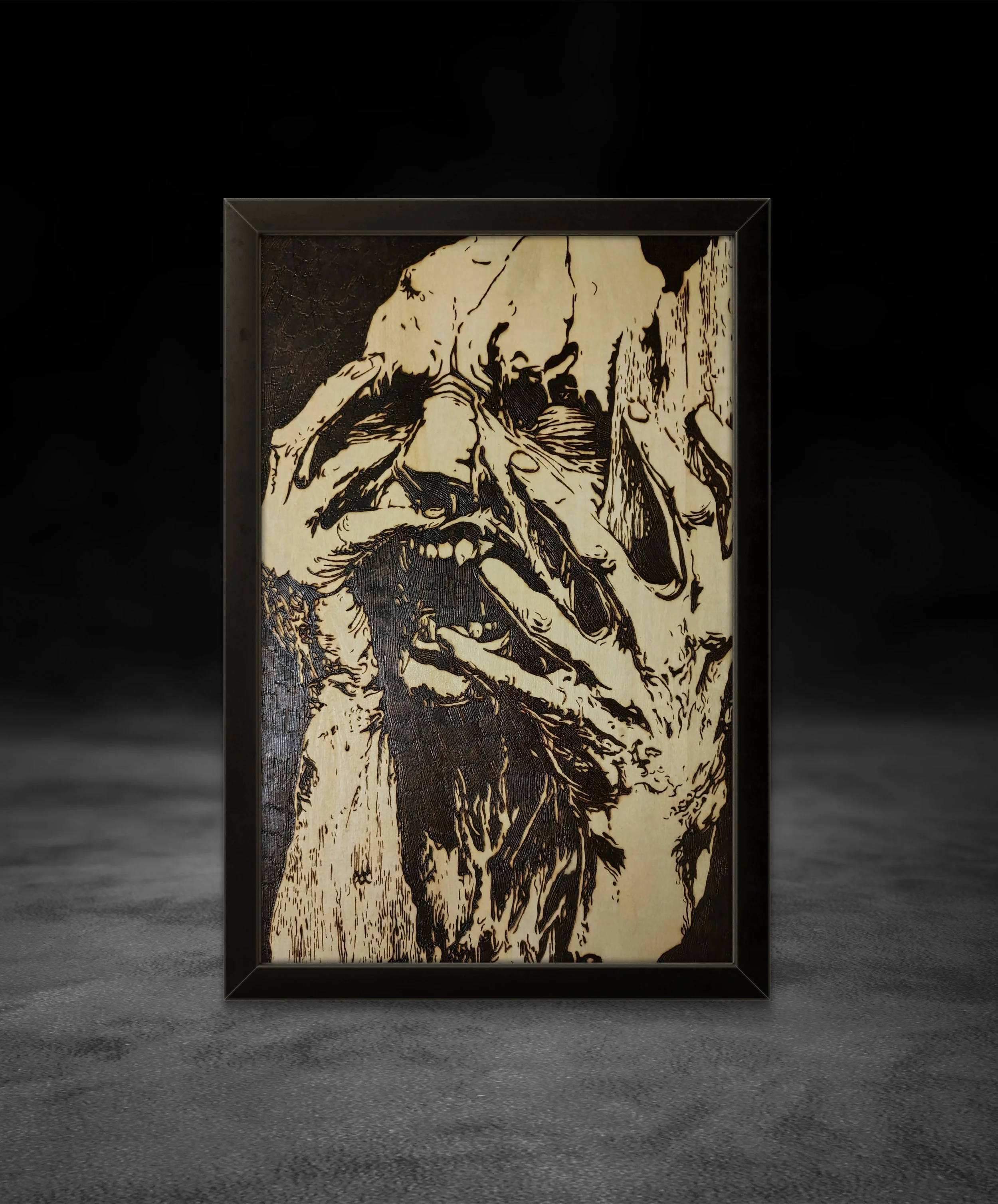 Expressive wood burned portrait of a screaming face carved into wood, capturing raw emotion through bold pyrography texture and contrast.
