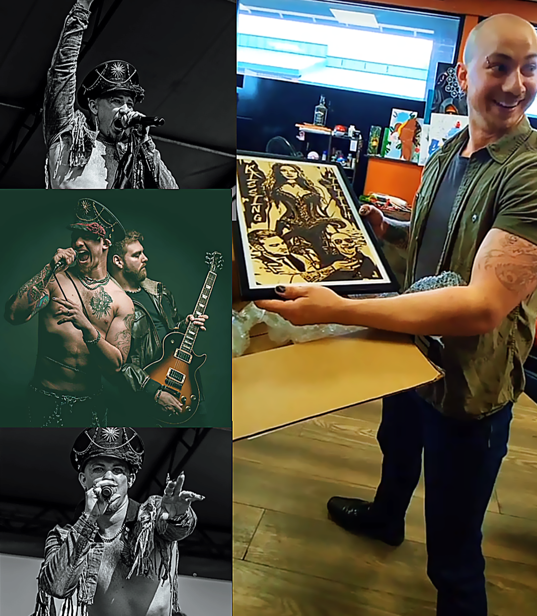 Side-by-side comparison of original concert photography and finished custom wood-burned band portrait of Kissing Lilith, showcasing high-energy performance imagery translated into bold handcrafted pyrography