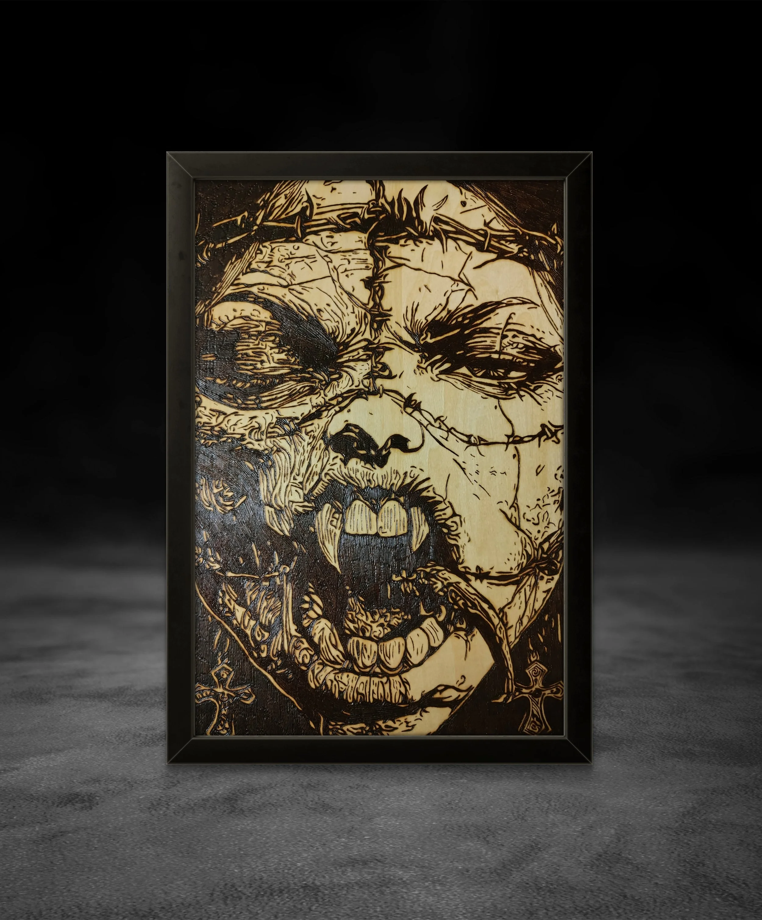 Hand-burned wood artwork featuring a raw, screaming face bound by barbed wire, intricately burned into natural wood, showcasing intense emotion, dark symbolism, and detailed pyrography craftsmanship