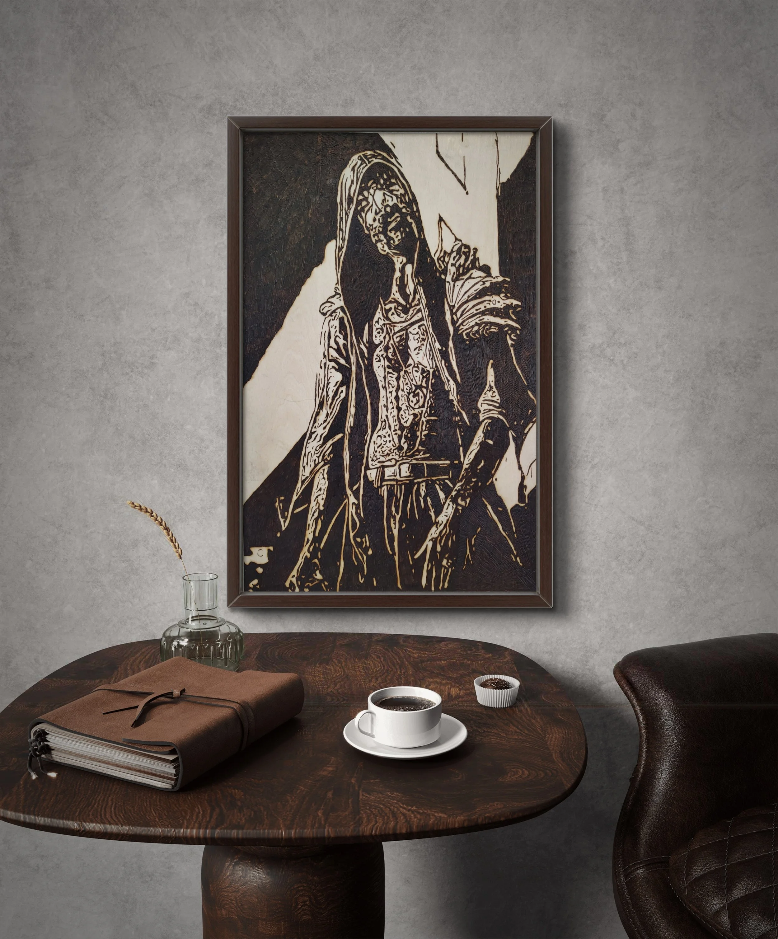 Original hooded figure wood burning artwork displayed in a modern interior setting, featuring hand-burned pyrography on basswood with high-contrast line work