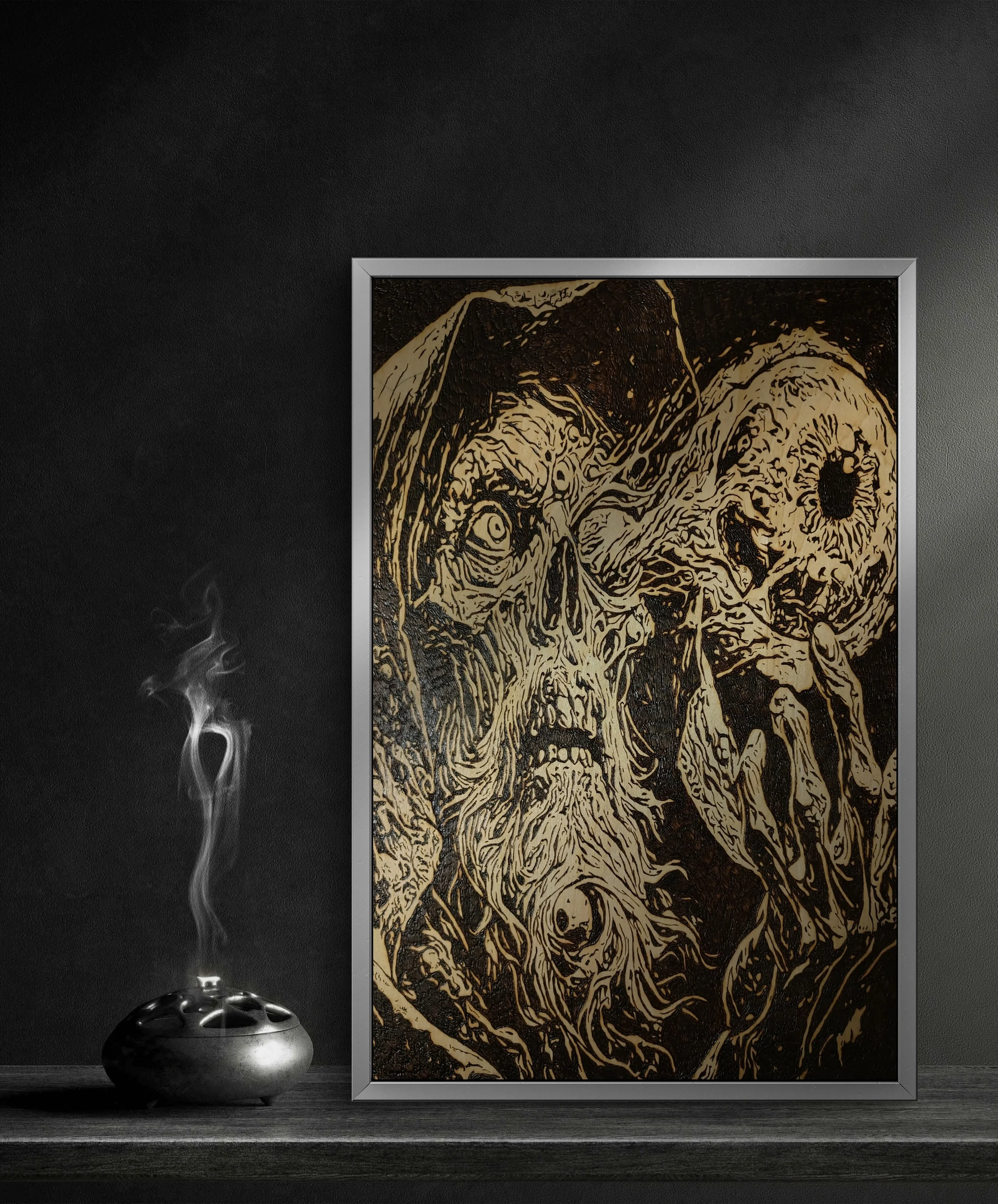 Original wood burning and pyrography art depicting a skull and lunar symbolism, burned entirely by hand into basswood with high-contrast texture and depth