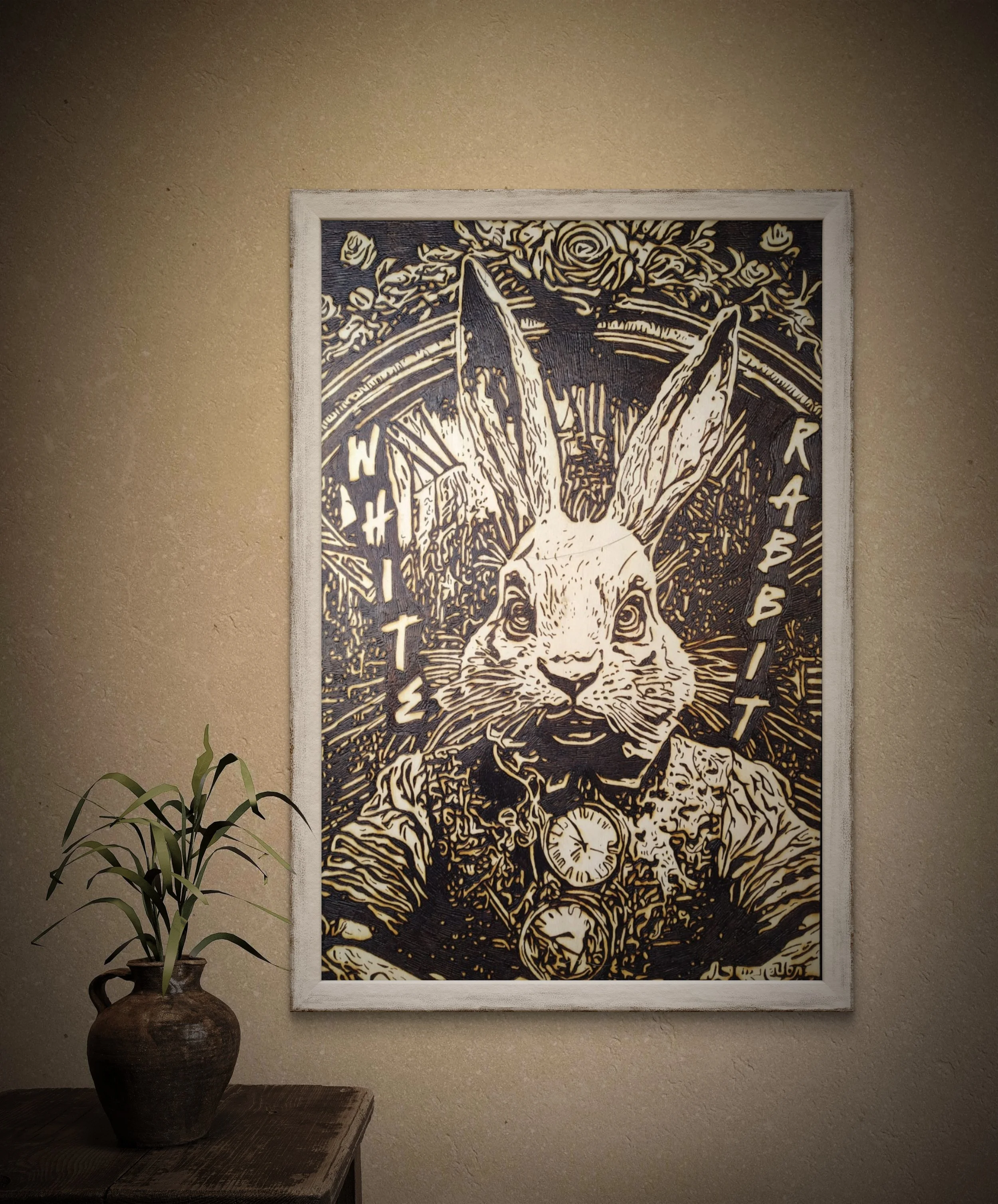 Hand-burned wood art titled White Rabbit featuring a detailed rabbit figure surrounded by clocks and abstract linework, framed wall art on basswood