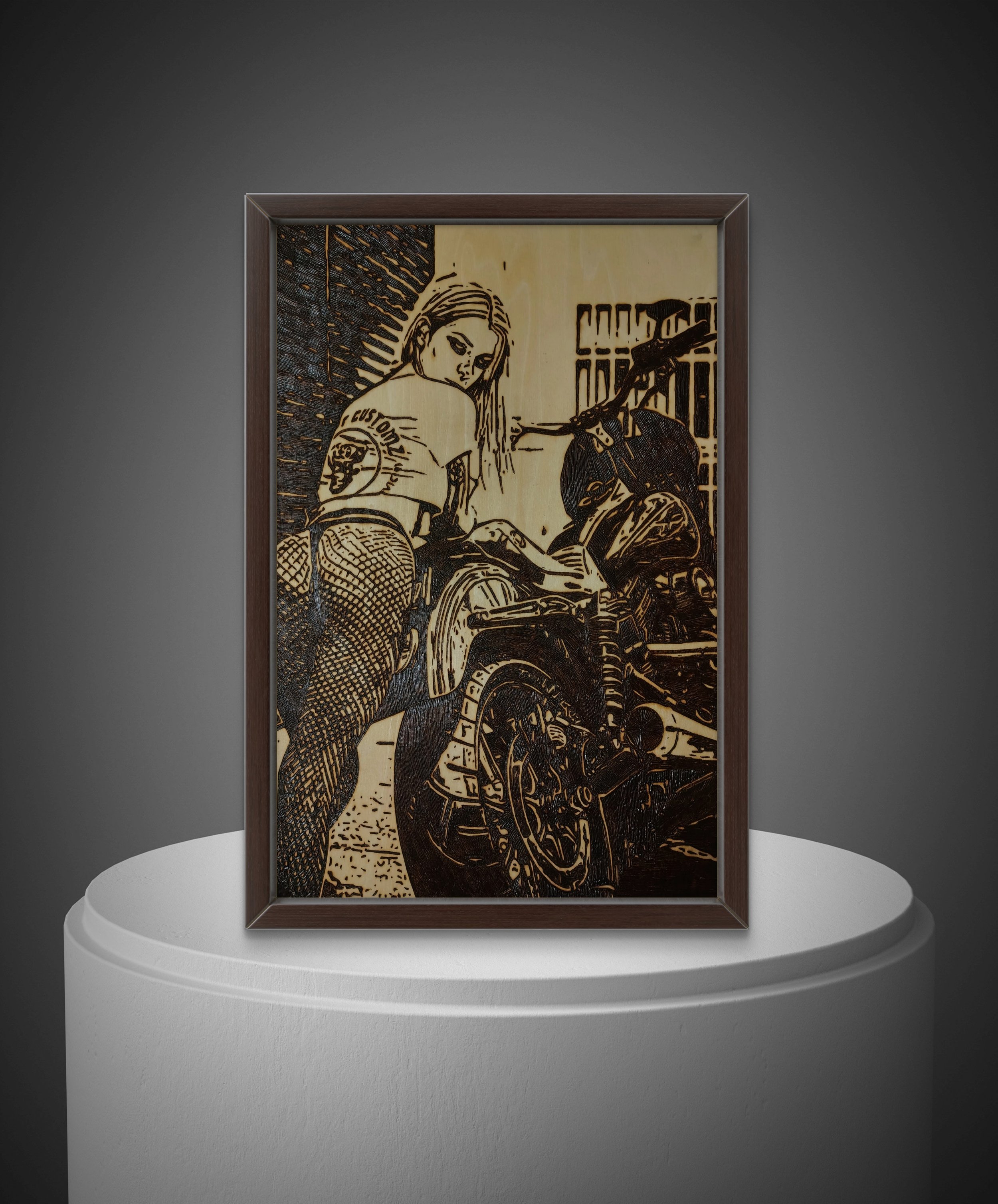 Hand-burned basswood artwork titled “Problems & Solutions” depicting a detailed, high-contrast figure composition with intense expression and etched textures.