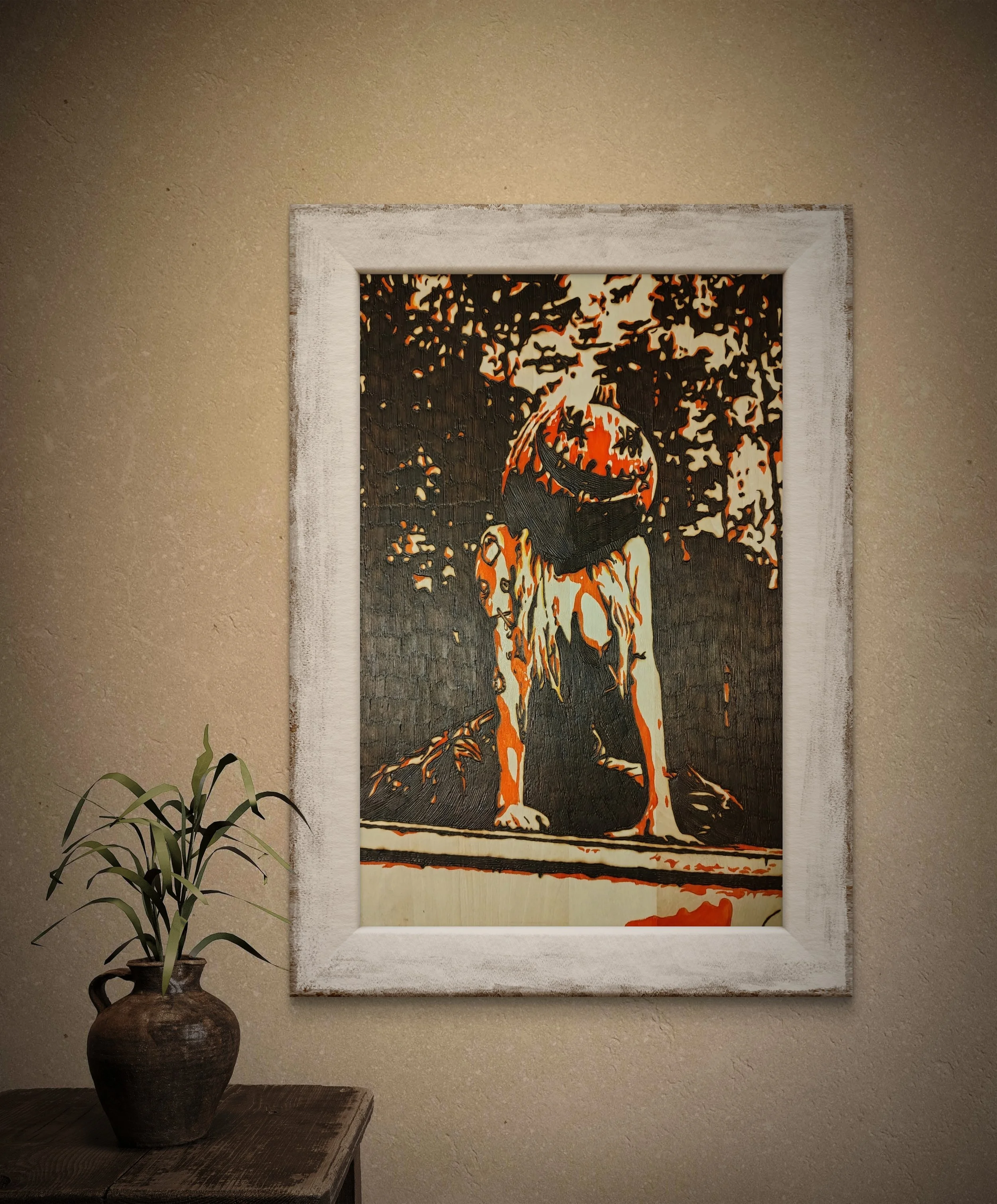 framed wood burning art featuring expressive human form, hand-burned pyrography wall art on natural wood