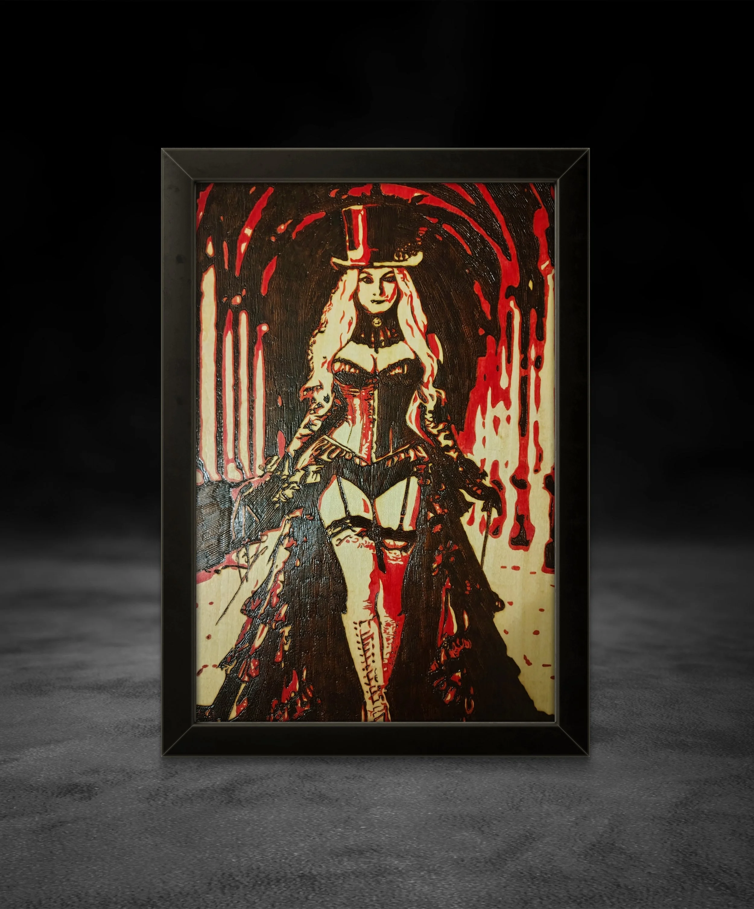 Close-up view of detailed wood-burned steampunk artwork emphasizing texture, depth, and organic burn patterns on basswood