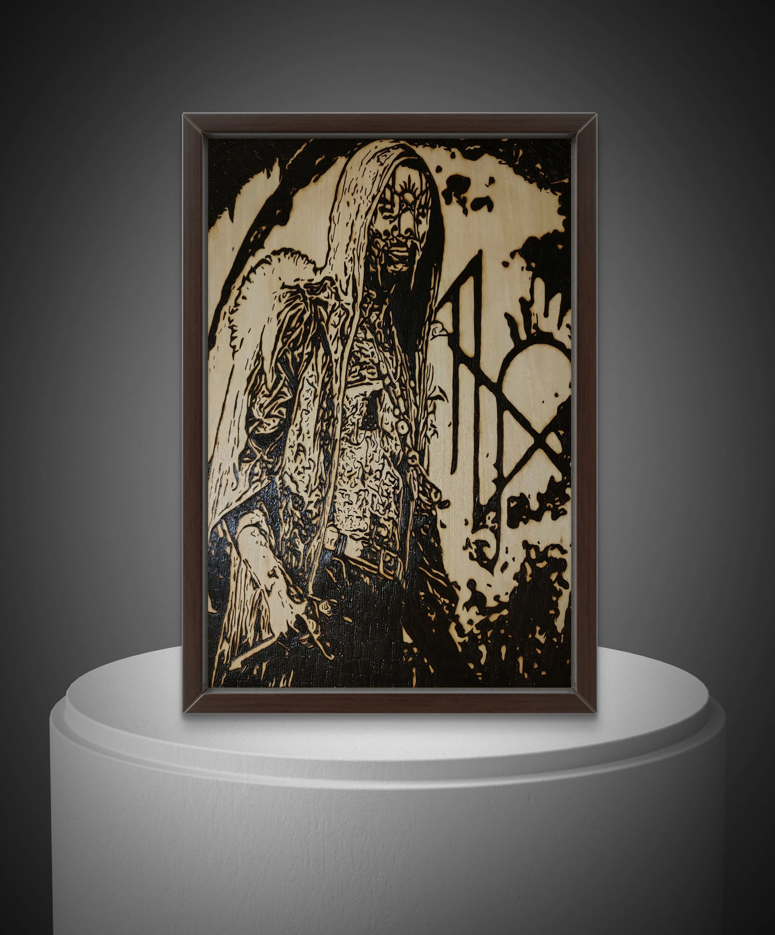 Original ritual-themed wood burning and pyrography artwork burned by hand into solid basswood, featuring a dark symbolic figure with high-detail line work and contrast