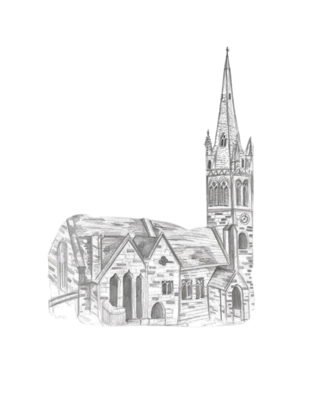 Hand-drawn black and white pencil custom venue illustration of English Church custom wedding stationery