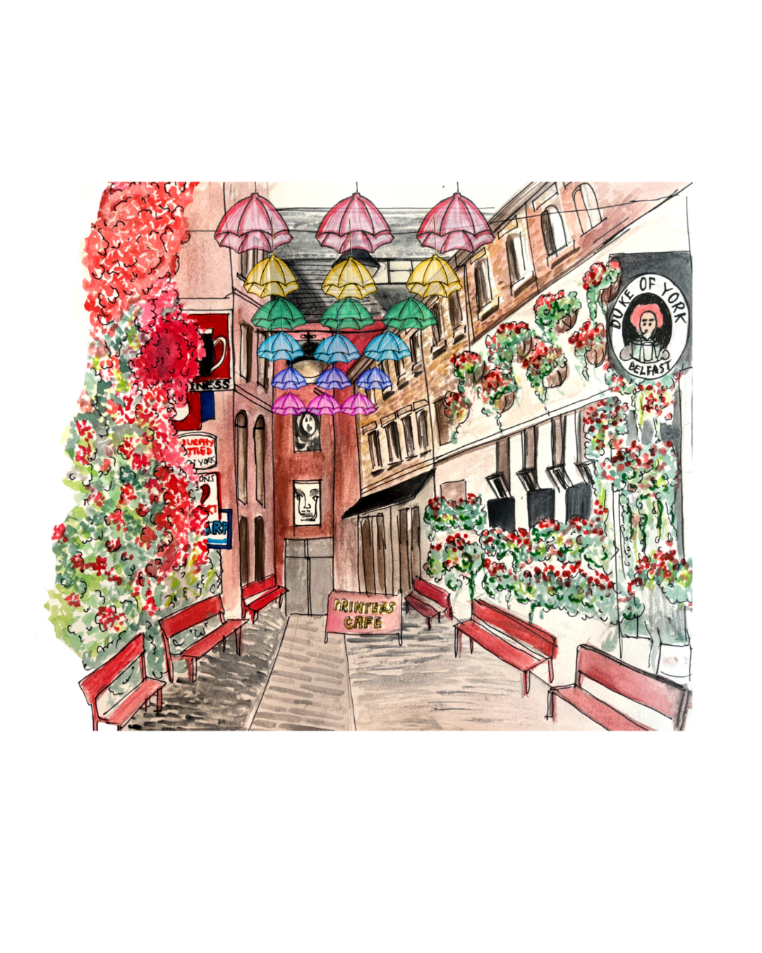 Hand-drawn custom venue illustration of The Duke of York pub,  Belfast, custom wedding stationery