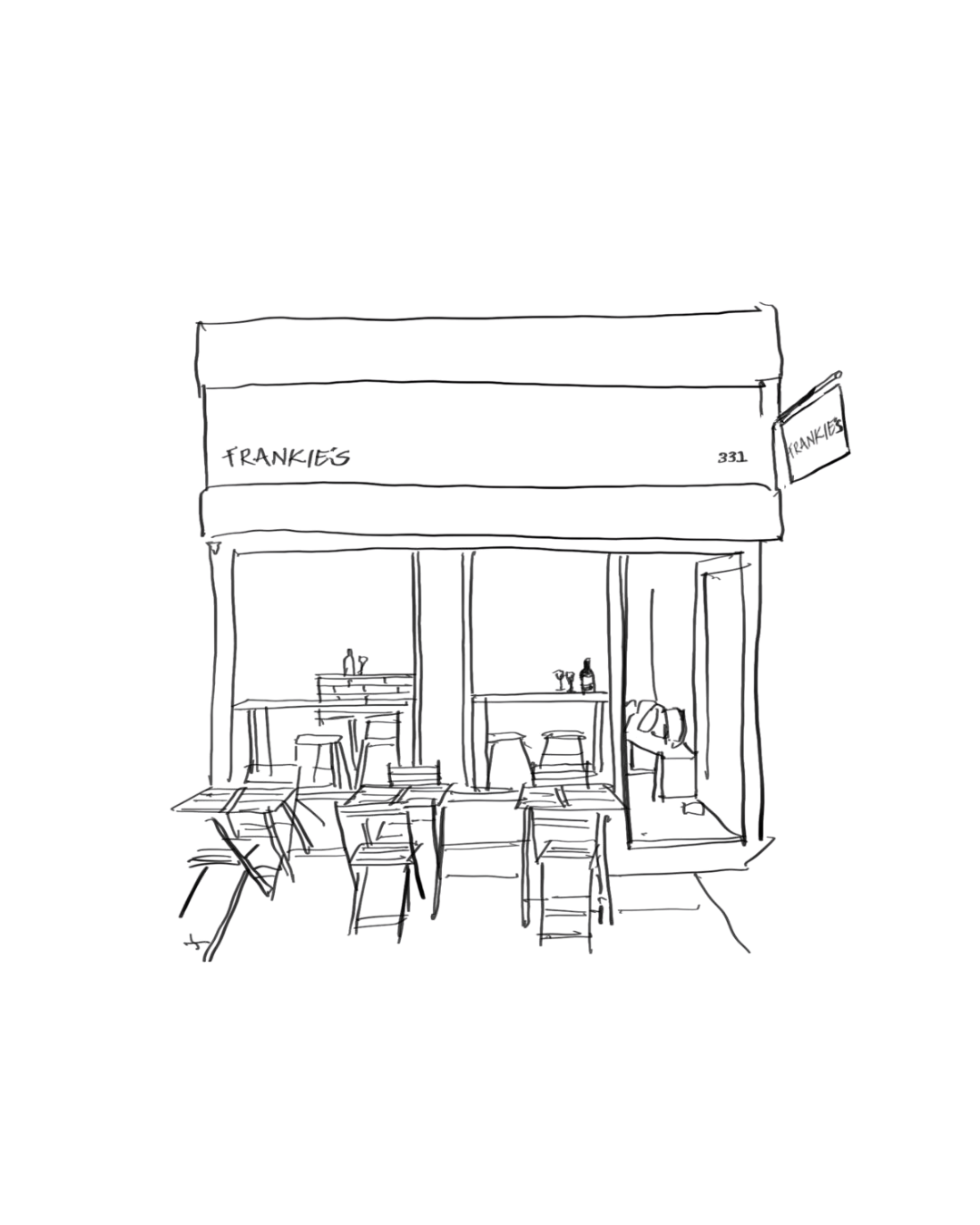Hand-drawn custom venue illustration of Frankie's W10, wine bar, custom wedding stationery