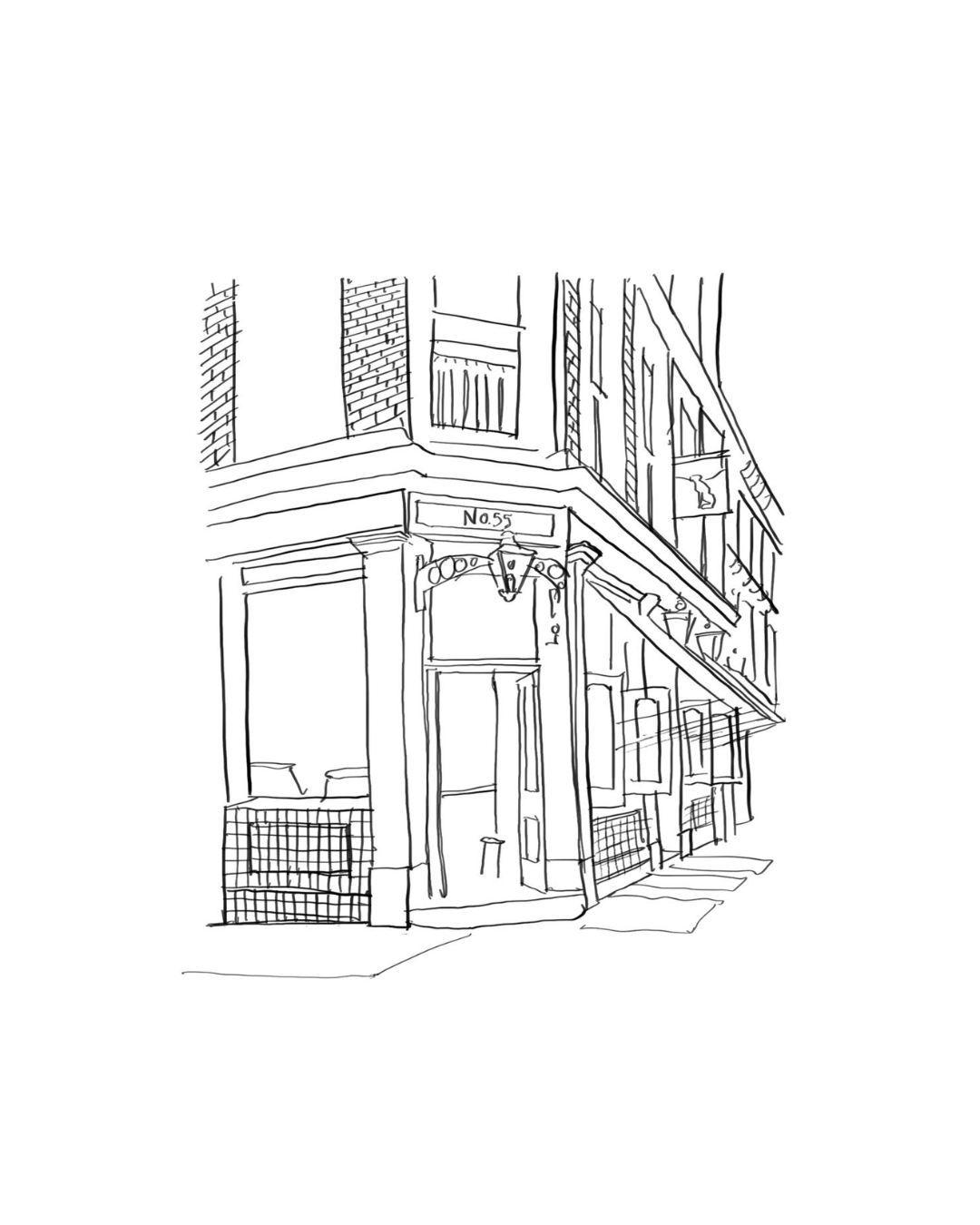 Hand-drawn Black and White custom venue illustration of The Hero of Maida, Maida Vale, custom wedding stationery