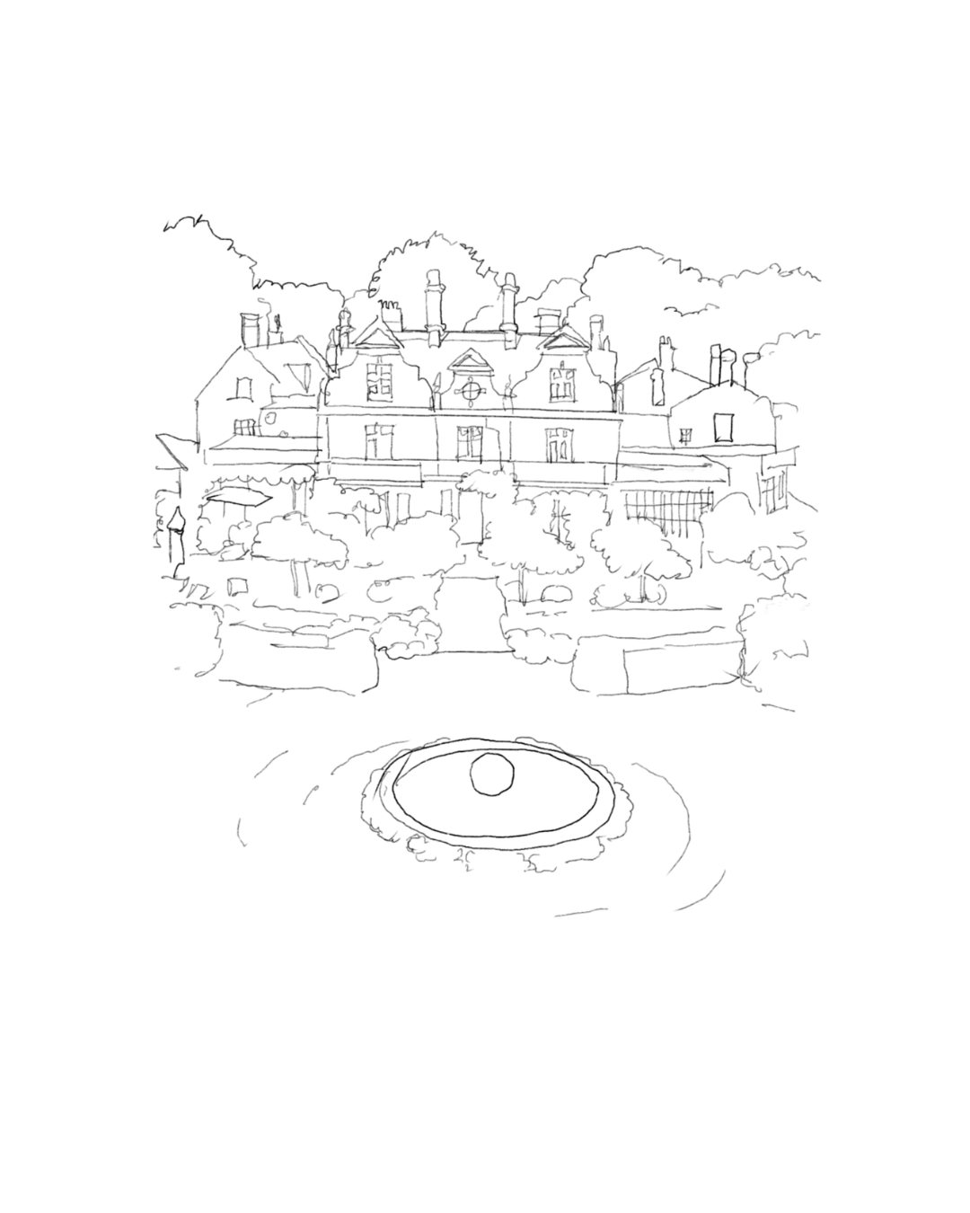 Hand-drawn black and white custom venue illustration of Chippenham Park, custom wedding stationery