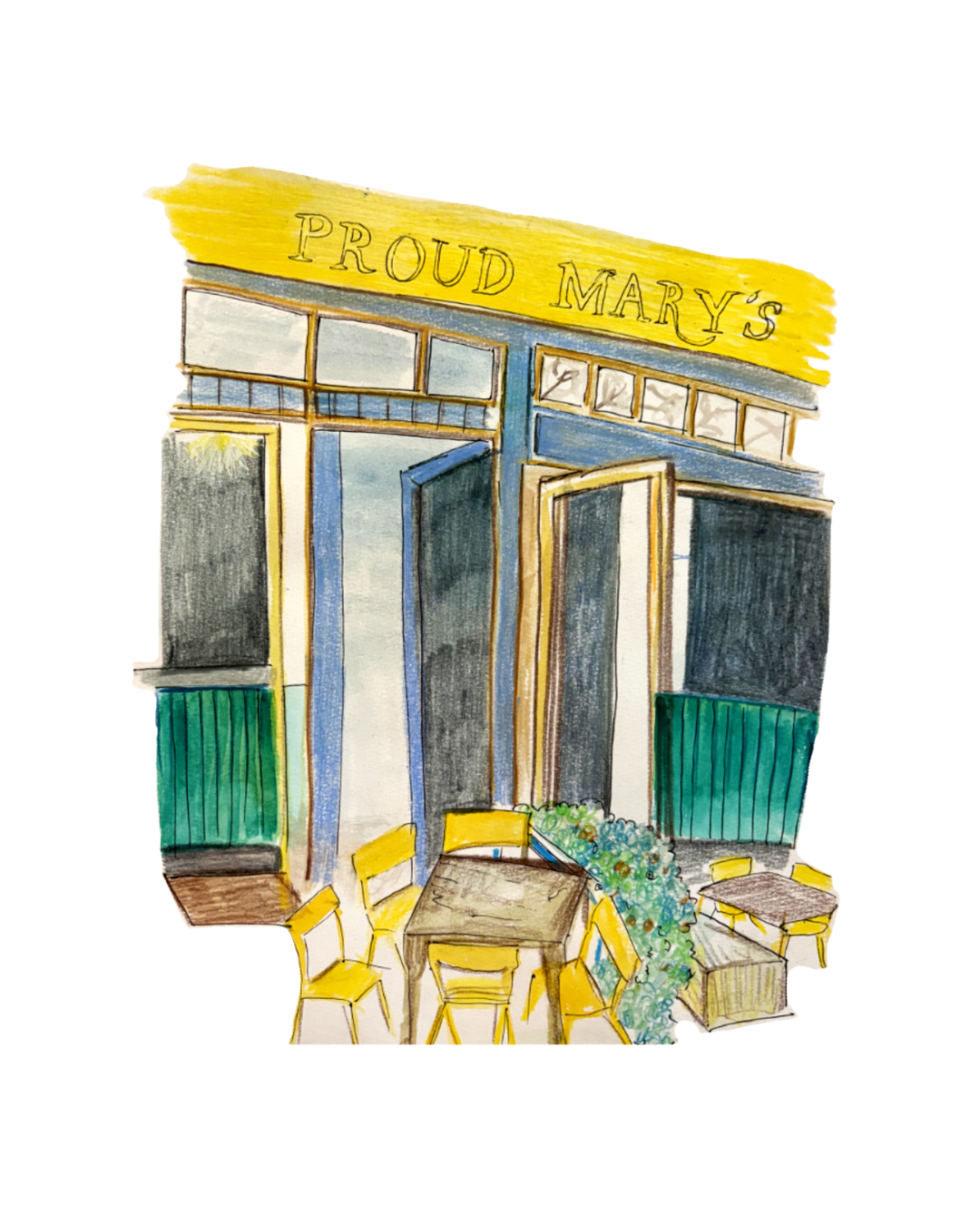 Hand-drawn custom venue illustration of Proud mary's Cafe, Shepherds Bush,custom wedding stationery