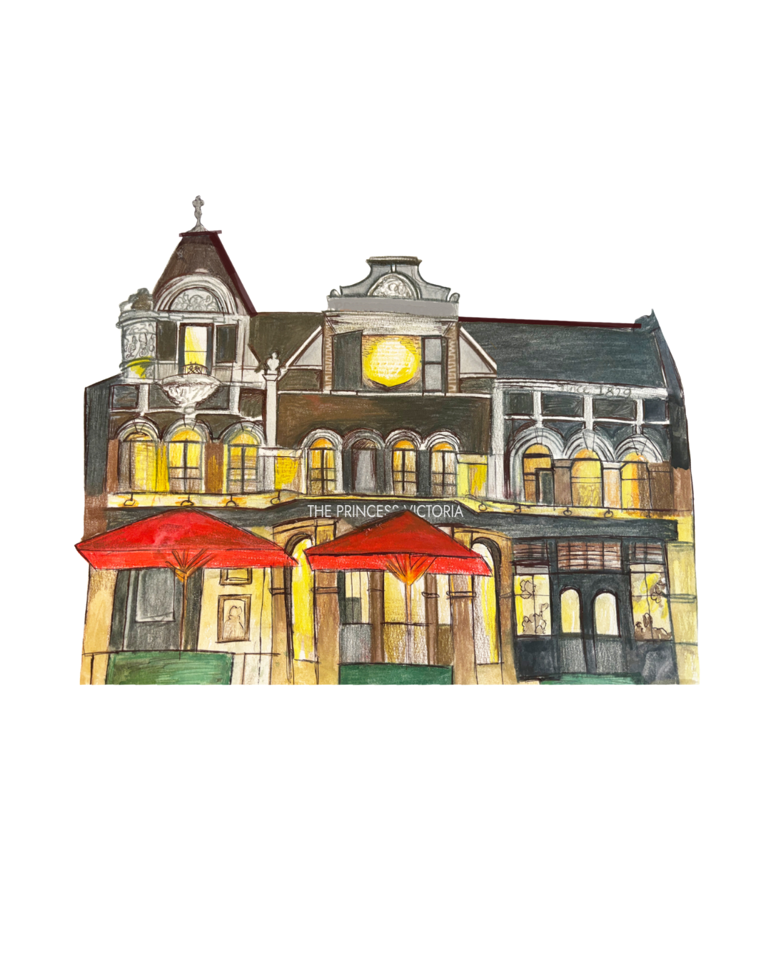 Hand-drawn custom venue illustration of The Princess Victoria, Shepherds Bush, custom wedding stationery