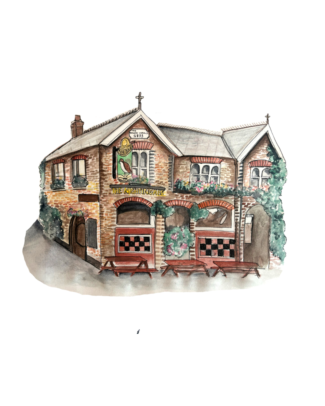 Hand-drawn and hand painted custom venue illustration of The NIghtingale Pub, custom wedding stationery