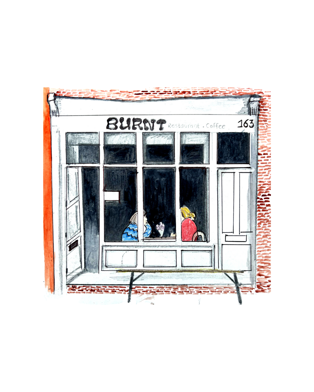 Hand-drawn custom venue illustration of Burnt Cafe, Askew Road custom wedding stationery