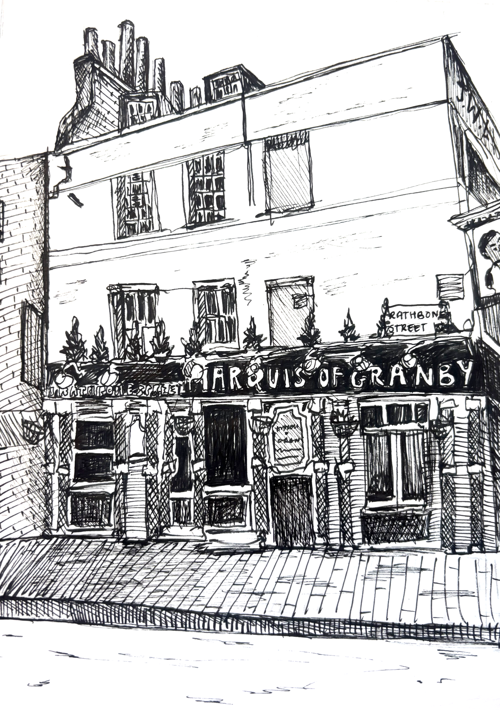 Hand-drawn custom venue illustration of The Marquis of Granby Pub, Rathbone street, London  custom wedding stationery