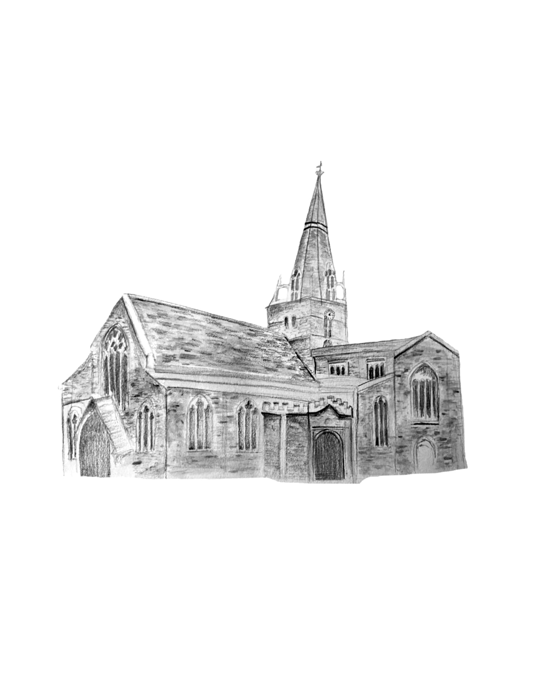 Hand-drawn custom venue illustration in pencil. of a church,  custom wedding stationery