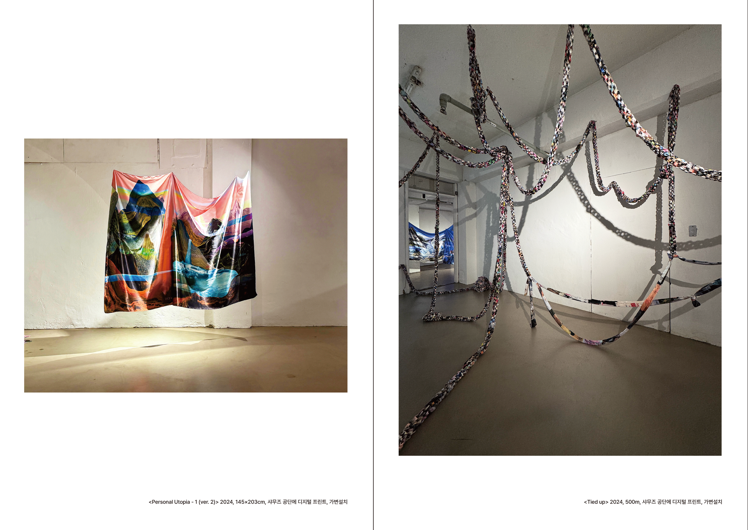 Two digital prints displayed in an art gallery. The left artwork shows a colorful, abstract landscape on fabric hanging against a plain wall. The right artwork features a series of fabric-covered ropes or chains arranged in a complex, looping install