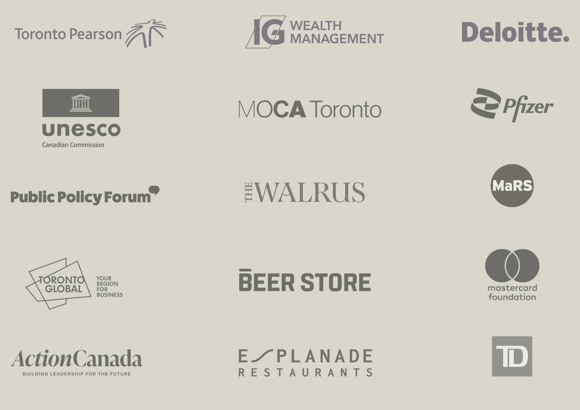 A collage of various logos of organizations, companies, and institutions including Toronto Pearson, Wealth Management, Deloitte, UNESCO, MOCA Toronto, Pfizer, Public Policy Forum, The Walrus, Beer Store, MasterCard Foundation, Action Canada, Explore Restaurants, TD, and more.