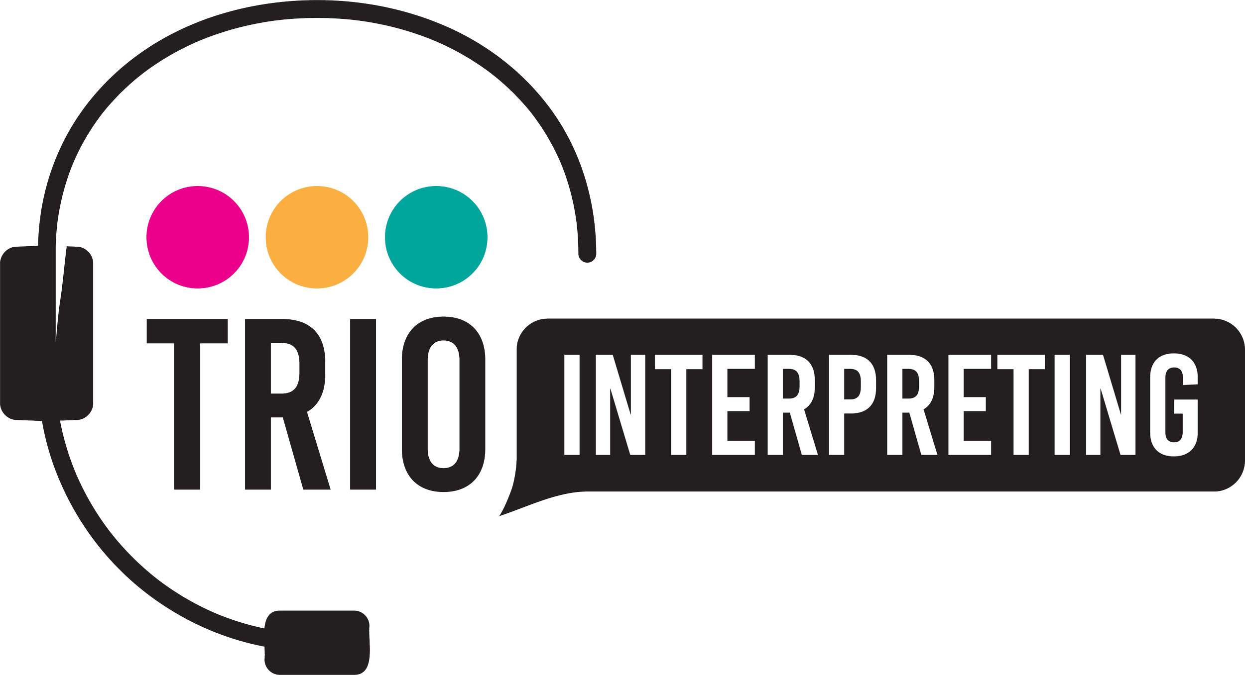 Logo for Trío Interpreting with three colored dots (pink, orange, teal) connected by a headset outline, and the words 'TRIO INTERPRETING' next to it.
