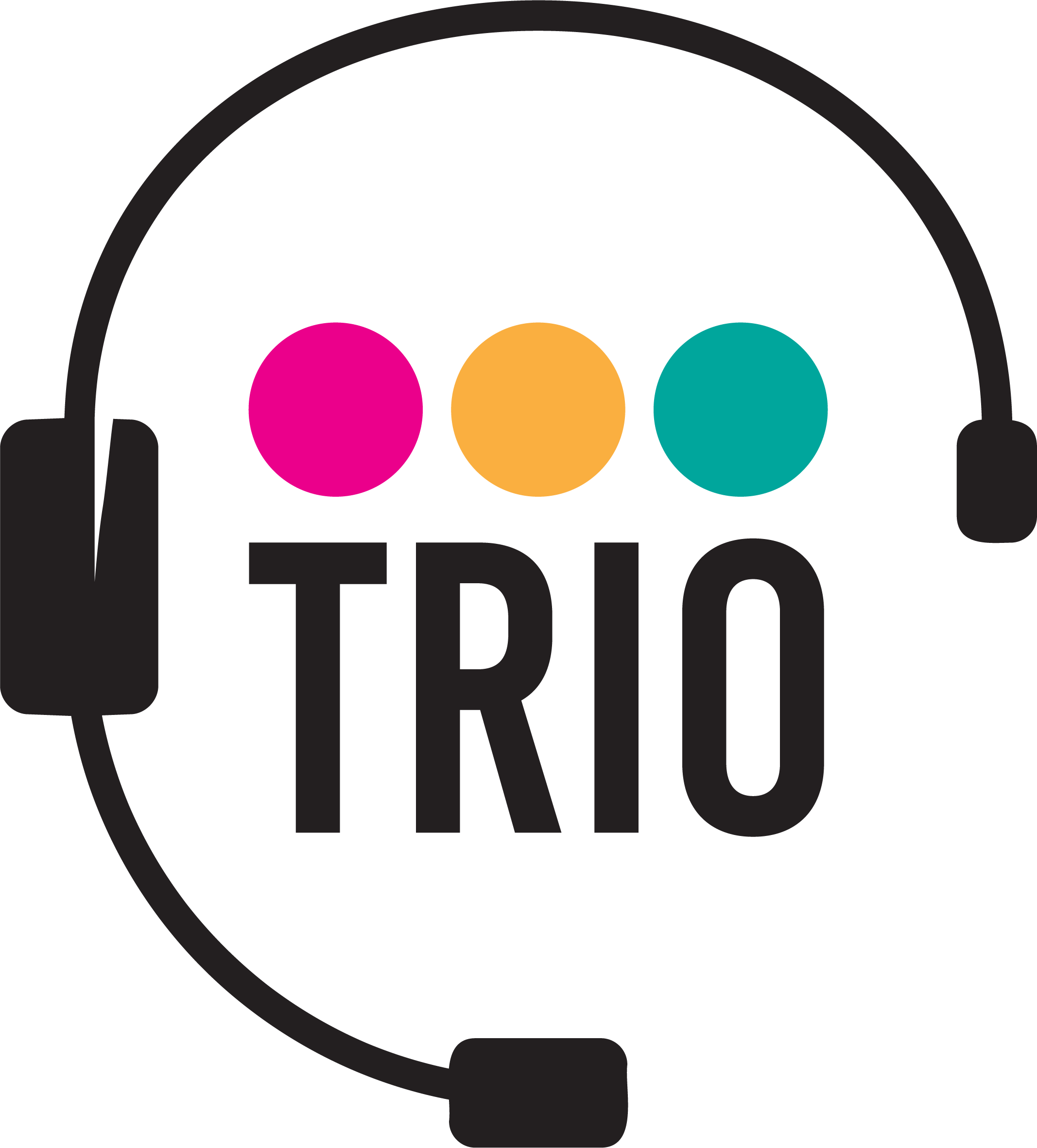 A logo featuring a black circle with a headset outline, three colorful circles inside (pink, orange, teal), and the text 'TRIO' below.
