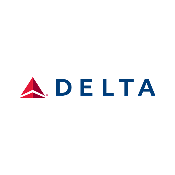 Delta Airlines logo with a red triangle and the word 'DELTA' in blue text