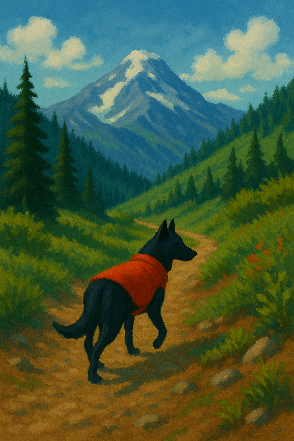 Painting of a black dog wearing a red vest walking on a trail in a mountainous forest landscape with snow-capped peaks and fluffy clouds in the sky.