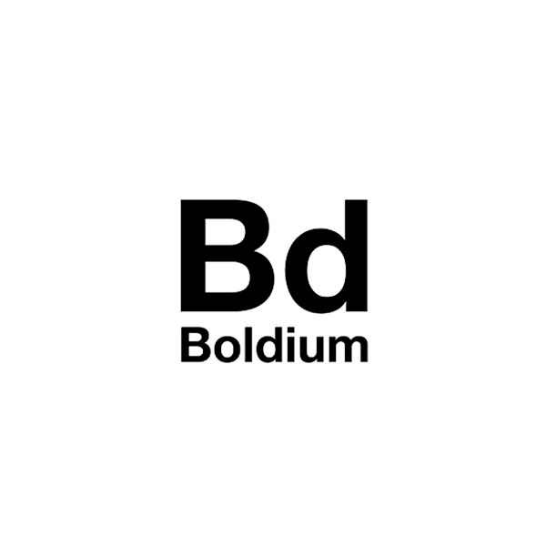 Stylized periodic table element 'Bd' for Boldium with the full name below on a black background.