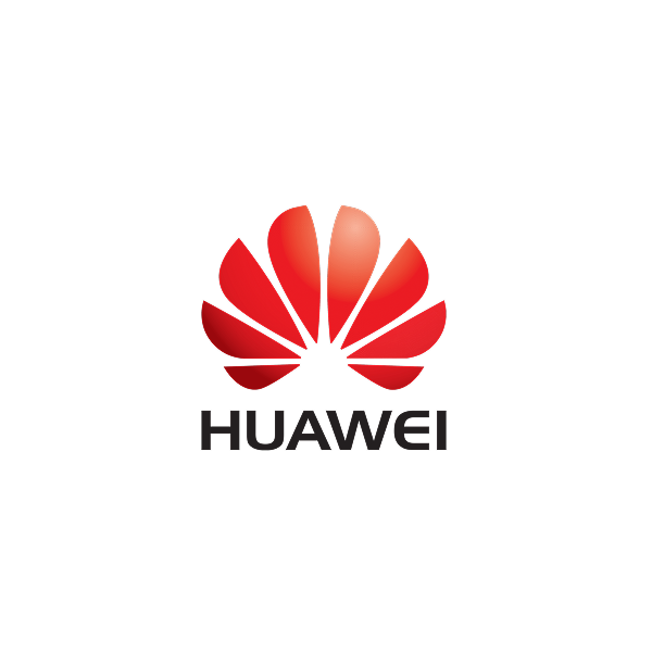 Huawei logo with a red stylized flower symbol above the brand name on a black background.