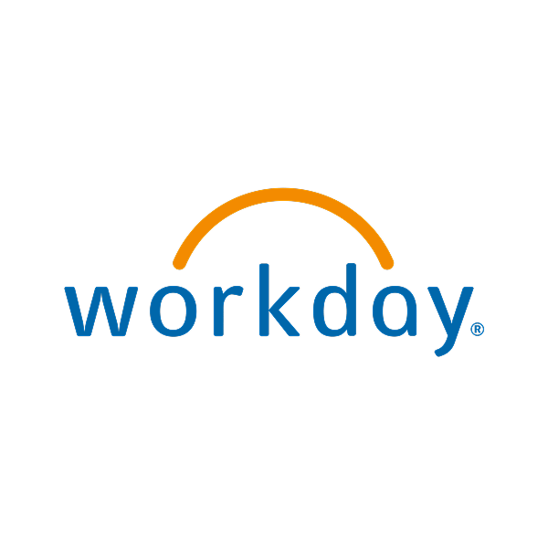 Workday logo with the word 'workday' in blue letters and an orange curved line above it, on a black background.