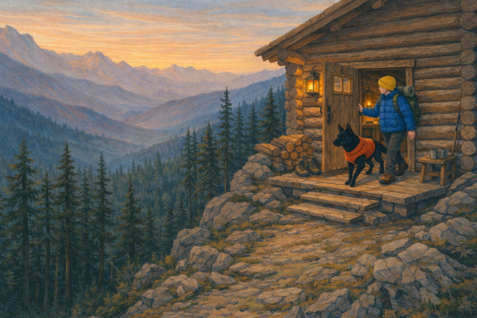 A person and a dog stand outside a log cabin on a mountain trail at sunset. The person is wearing a yellow hat and blue jacket, and the dog is in an orange vest. The cabin has lanterns, logs, and a small stool nearby. The background features a forest and mountain range during dusk.