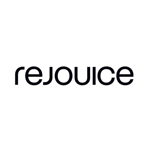 The word 'rejoice' written in bold black letters on a black background.