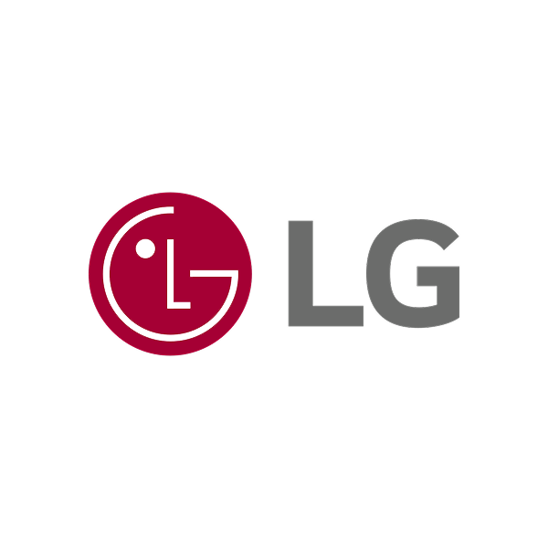 LG logo with a stylized smiling face within a circle, black background.
