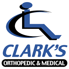 Logo for Clark's Orthopedic & Medical featuring a blue wheelchair icon with the company name in blue and black text.
