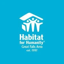 Habitat for Humanity logo on a blue background, featuring a house with three people underneath and the text 'Habitat for Humanity Great Falls Area est. 1991'.