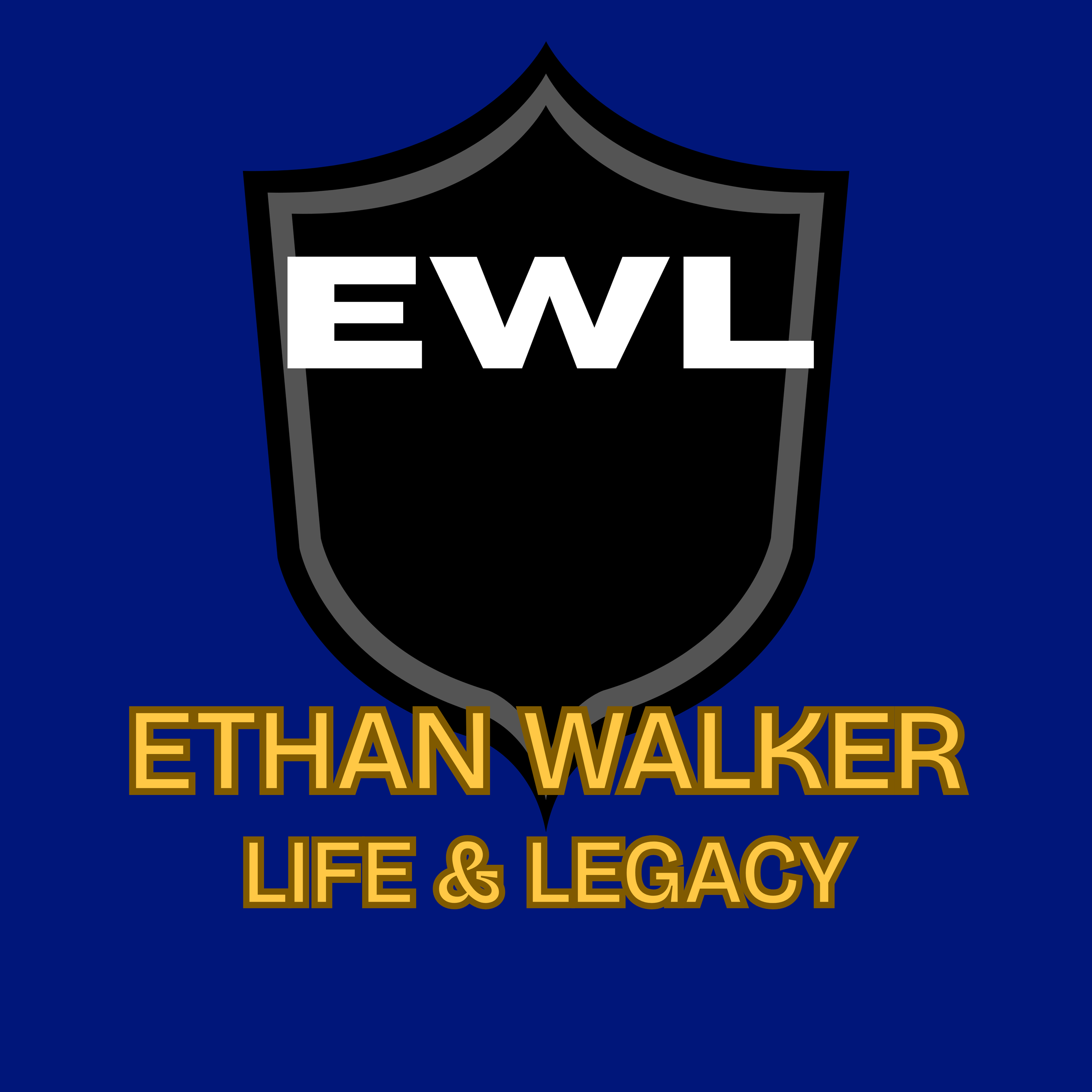 Logo with a black shield and gray border, white letters 'EWL' at the top, and yellow text 'Ethan Walker Life & Legacy' below, all on a blue background.