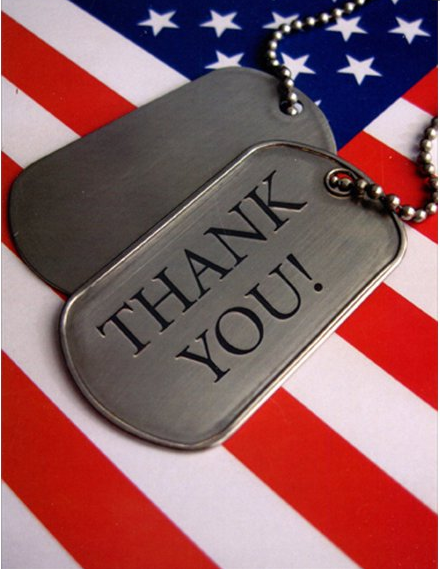 Dog tags with 'THANK YOU!' engraved, placed on a background of an American flag.