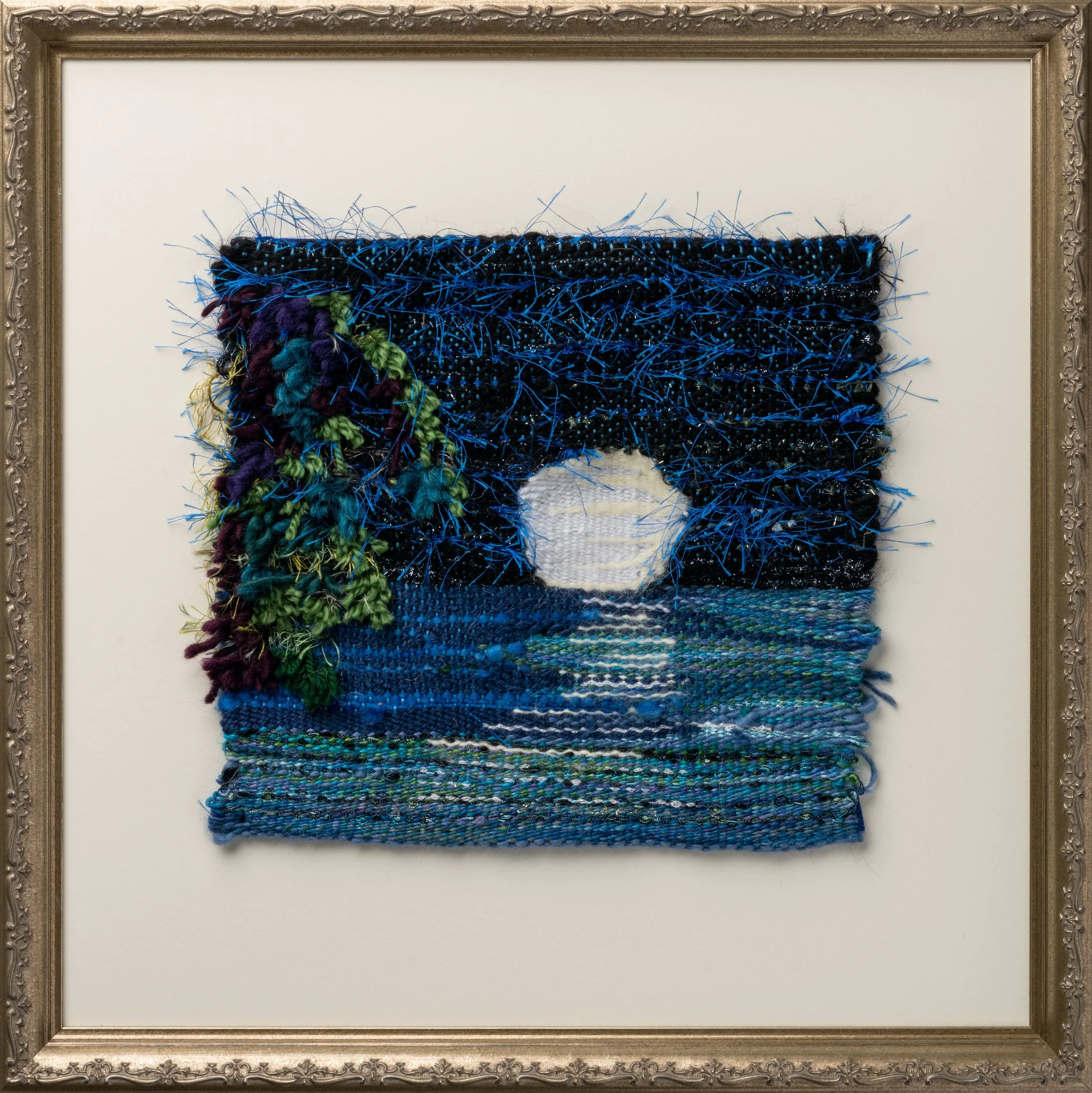 Moon Rising - Woven Tapestry - Assort Fibers - framed 18"x 18" - 2017 - Sold 
