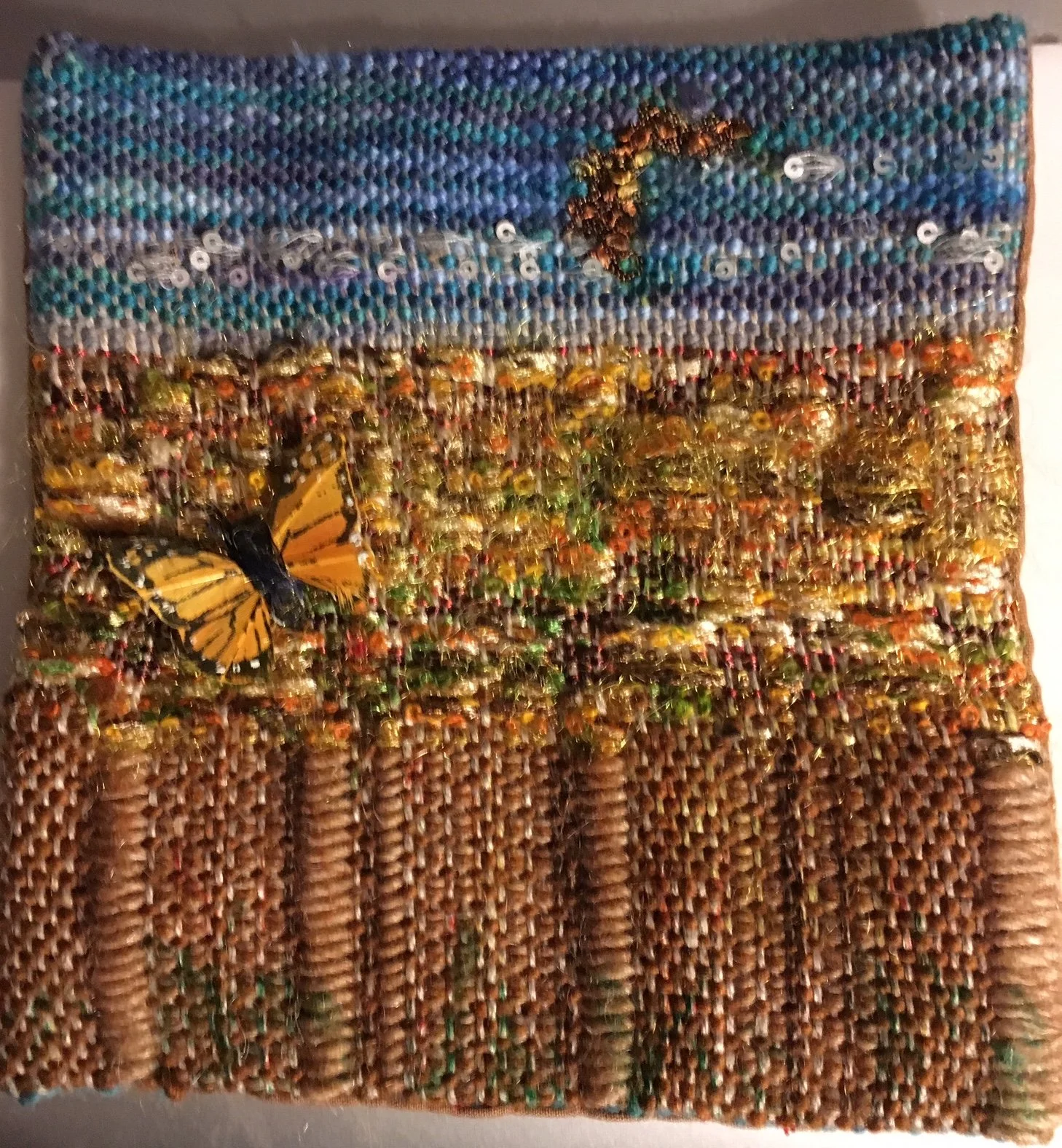 Manarch Fantasy - Woven tapestry  - assort fibers - 8" x 8"  - Sold Rochester Arts Center  