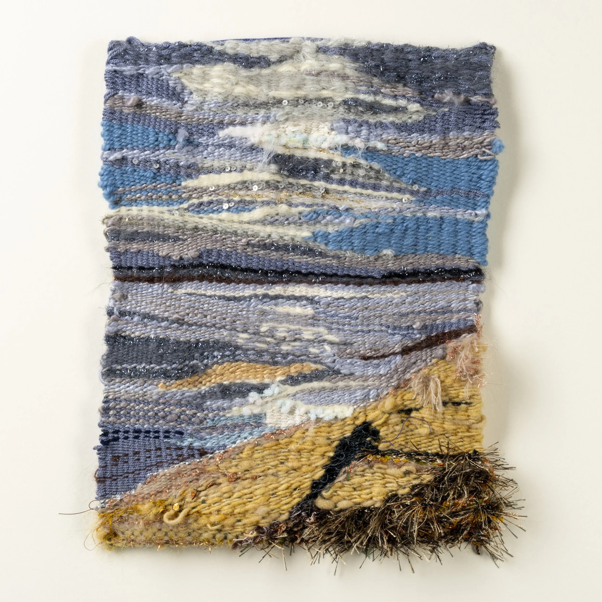 Ponderosa Sandbar - Hand spun naturAl died fiber - wool & silk  - Woven tapestry - framed 18" x 18"  -  2022    $1200   