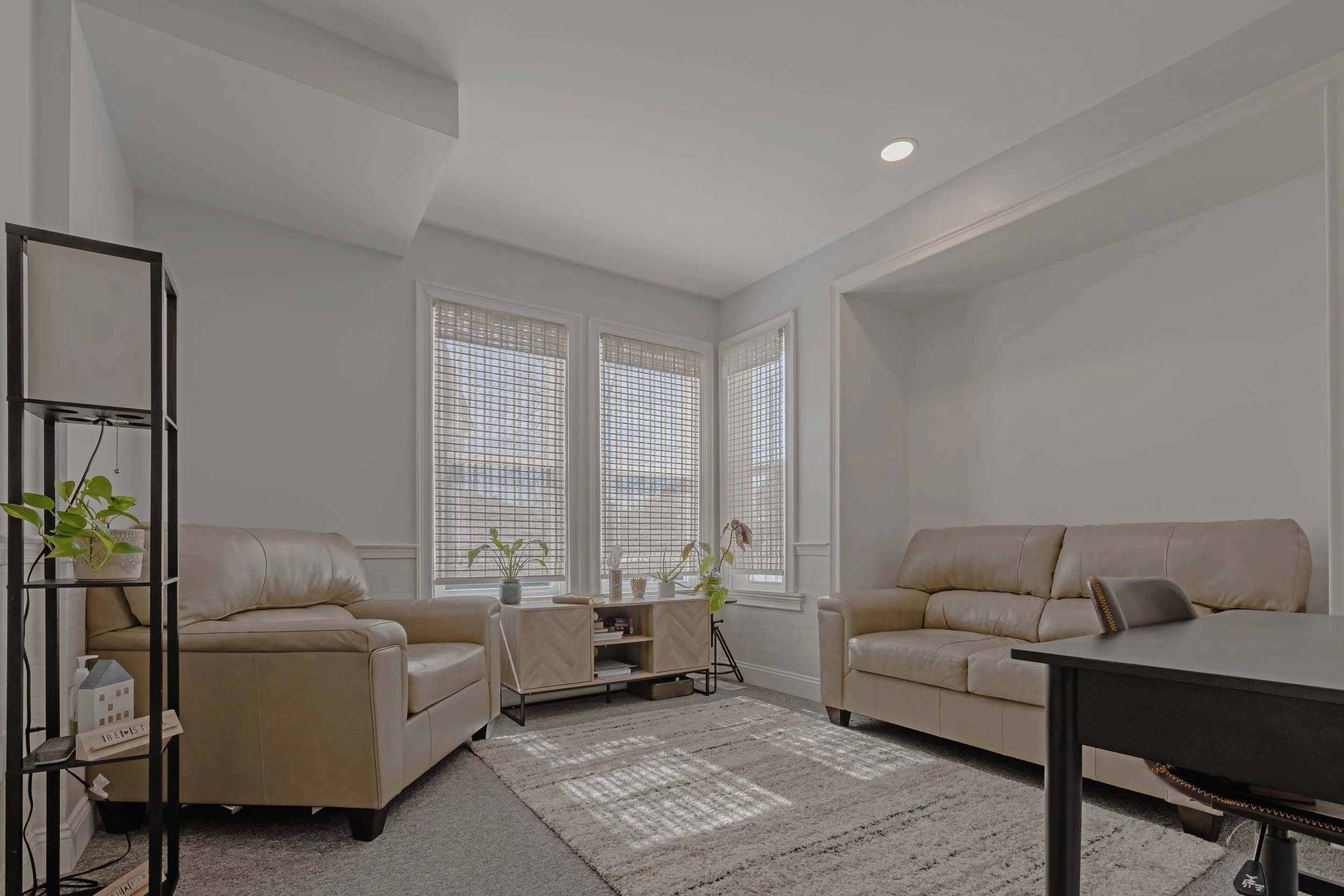 Room with beige leather sofas, a small wooden cabinet with plants and decorative items, three large windows with blinds allowing sunlight, a potted plant, a black metal shelf with books and plants, a patterned area rug, a black table with a stool.