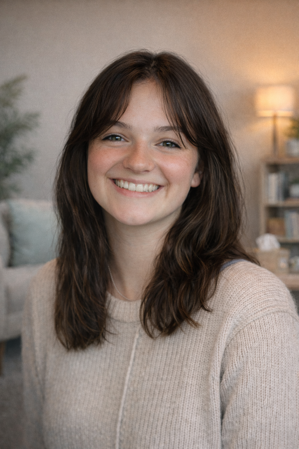 A young woman with shoulder-length brown hair and fair skin, smiling in a cozy indoor setting.