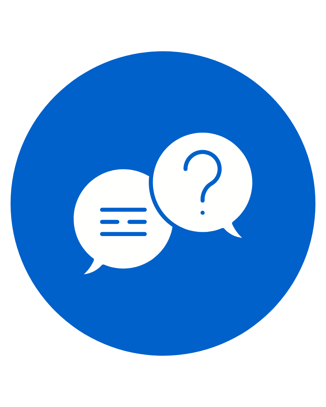 Blue circular icon with two speech bubbles, one with horizontal lines and the other with a question mark.