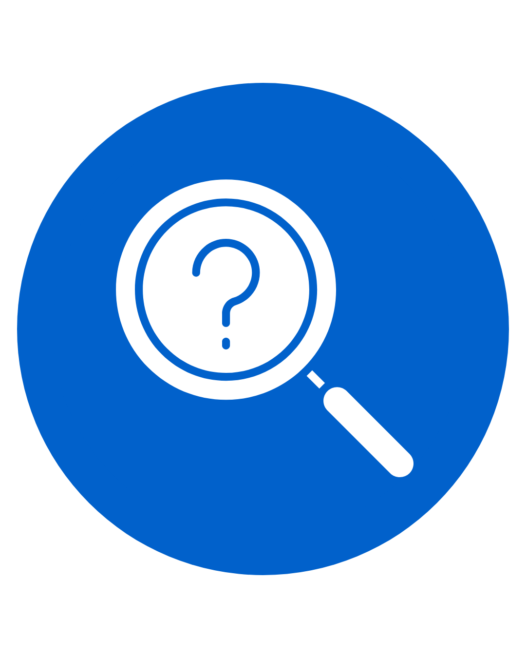 Blue circular icon with a magnifying glass containing a question mark inside.